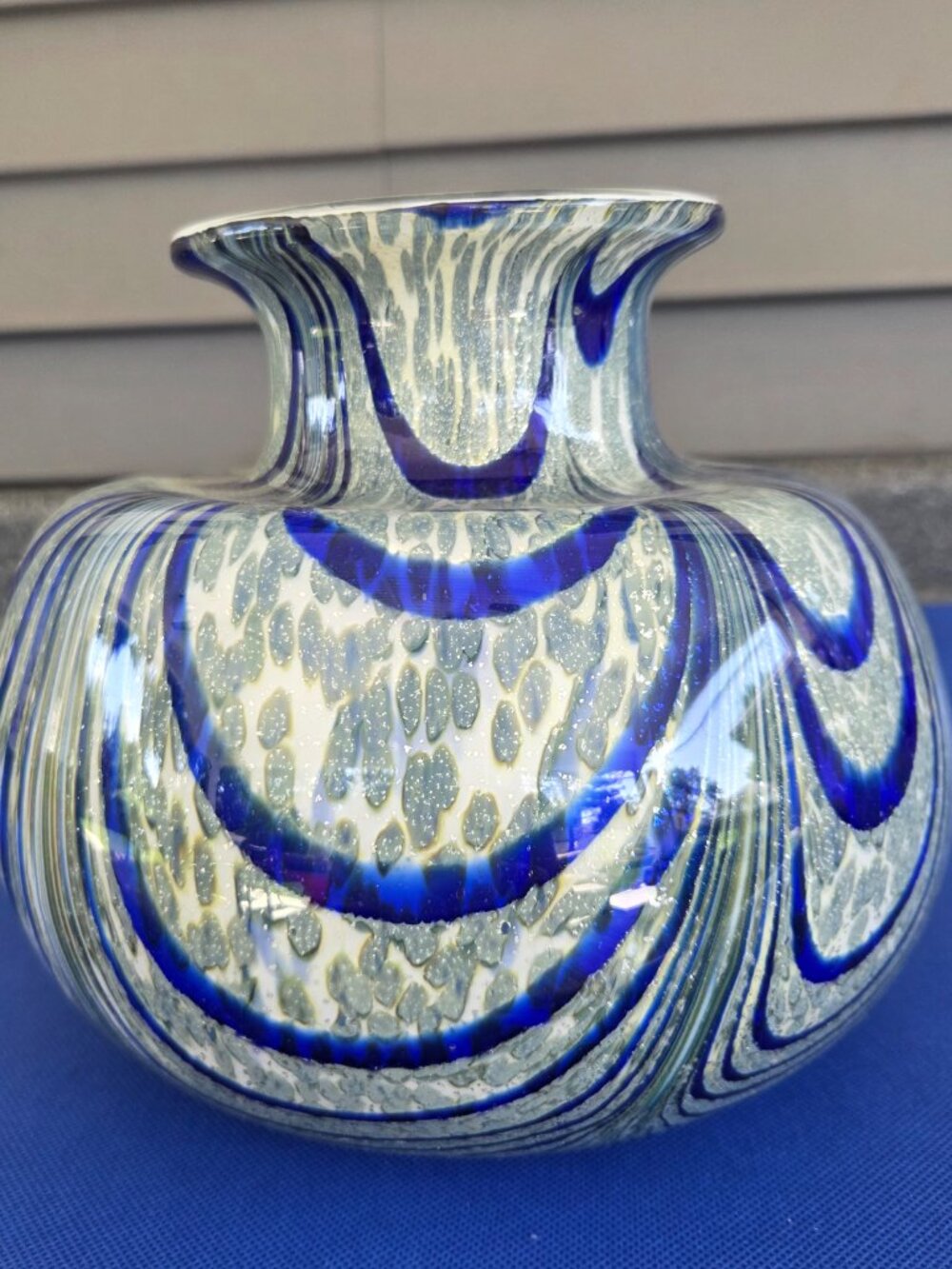 Art Glass Pulled Feather/Swirl 7" X 8" Painted Swirl Heavy Blue & Gray VIDEO